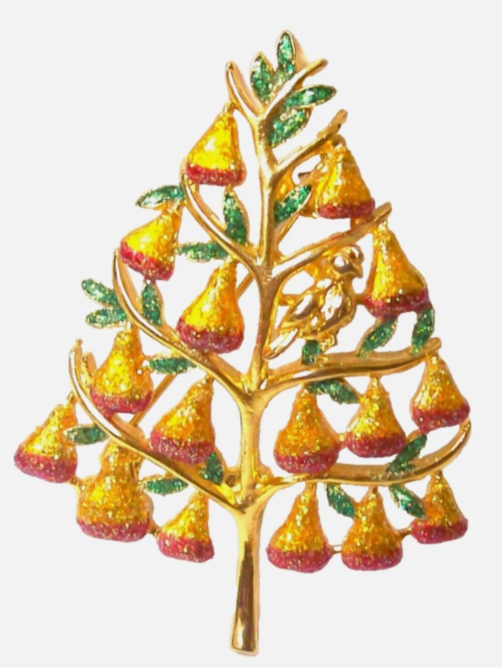Christopher Radko Partridge Pear Tree Christmas Brooch Gold Tone Enamel Pin